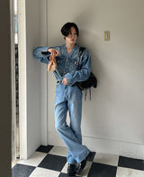 カラーレスデニムジャケット/Collarless denim jacket