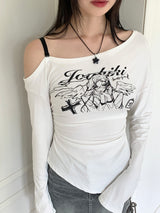 ポッピングアンカットオフショルダーストラップバックスリット長袖Tシャツ