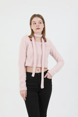 Square Neck Fur Knit T-shirt Muffler Set Pink