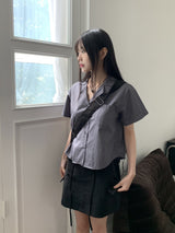 バオポケットVネックオープンカラークロップド半袖シャツ / Bao pocket V-neck open collar cropped short-sleeved shirt