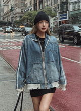 (UNISEX) ダメージ配色ラインデニムジャケット