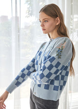chess flower Jacquard 100%wool cardigan_new denim (6655892684918)