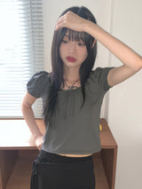 Kelle ribbon shirring mesh air puff cropped short-sleeved T-shirt