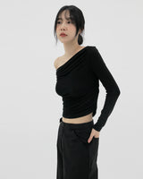 2ウェイボートネックシャーリングTシャツ / Two-way boat neck shirring t-shirt (2color)