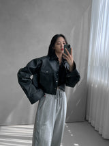 Mone French Leather Crop Shirt Jacket (2color) (6603994136694)