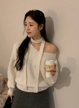 リップウールオフショルダーVネックニット + タイセット