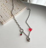 キッチーチェリービーズハートロックハンドメイドネックレス / chi Kitchee Cherry Beads Heart Lock Handmade Necklace