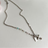ピットパステルビーズクロスユニークボールドレイヤードネックレス / pit Pastel beads cross unique bold layered necklace
