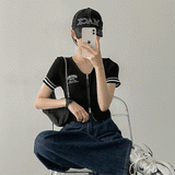 hip two-way color short-sleeved cropped knitwear zip-up