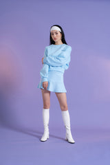 ラインストーン刺繍クロップ丈トレーナー青 - Embroidery Rhinestone Cropped Sweatshirt BLUE (4397432373366)