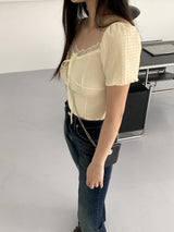 ボキンエンボスハートネックインシジョンリボン半袖Tシャツ/Bokin Embossed Heart Neck Cutout Ribbon Short Sleeve T-shirt