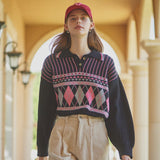 Argyle Knit Pullover (Black) (6643497828470)