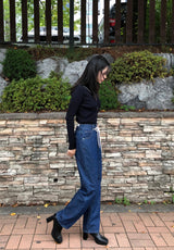 セミワイドフィットストリングポイントダークデニムパンツ/JEON SO MIN SEMI-WIDE FIT STRING POINT DARK DENIM PANTS [17708]