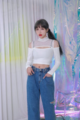 ジッパーショルダーメッシュクロップTシャツ/TOP(8304) Zipper Shoulder Mesh Crop Tee