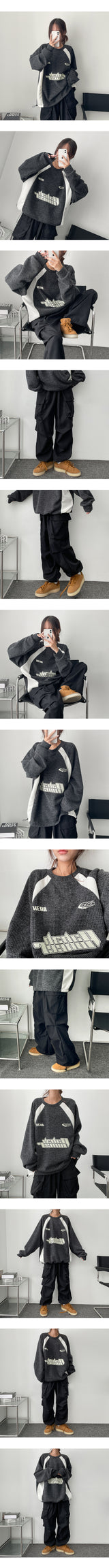 Chessey Hem String Coloring Loose Ribbed Sweatshirt