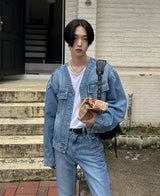 カラーレスデニムジャケット/Collarless denim jacket