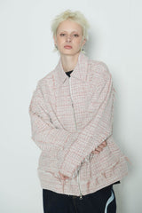 Raw Cut Detail Tweed Trucker Jacket Ivory & Red