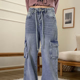 Turbin strap cargo pocket washing denim long wide pants