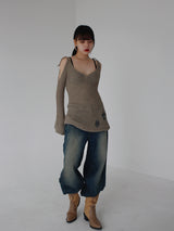 リボンオープンショルダーニット / Ribbon Open Shoulder Knit (4color)