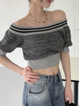 メタストライプグラデーションオフショルダークロップド半袖ニット / Meta Striped Gradation Off-Shoulder Cropped Short-Sleeved Knit