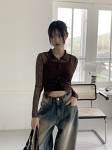 ルーティングウェーブシースルークロップ長袖ブラウス / Rooting wave see-through cropped long-sleeved blouse