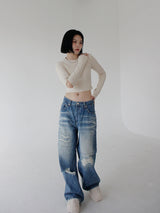 ローライズパッチデニムズボン/low-rise patch denim trousers