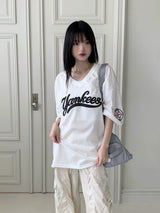 ヤンキースボクシーメッシュレタリングワッペンユニフォームVネックショートスリーブTシャツ