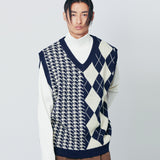 チェックニットベスト / Argyle & hound check knit vest navy