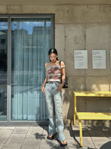 Belted light blue bootcut denim pants