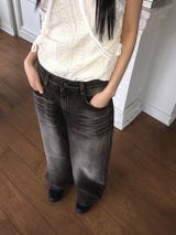【3WAY】ジバースナップボタン黒青ウォッシュワイドデニムパンツ