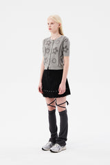 チェリージャカードパターンショートスリーブカーディガン / CHERRY JACQUARD PATTERN SHORT SLEEVE CARDIGAN [MELANGE GRAY]