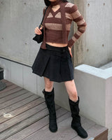 Crop stripe muffler knit set