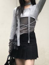 High-Waist Cutting Damage Pleated Skirt