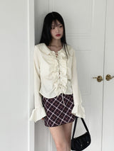 ブルダスプリングラッフルアイレットストラップ長袖ブラウス/Vulda Spring Ruffle Eyelet Strap Long Sleeve Blouse