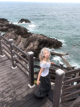 romantic lovely ribbon choker frill ribbed T-shirt