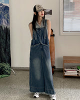 モンドナーフリンジポケットサスペンダーバックオープンロングデニムワンピース / Mondner Fringe Pocket Suspenders Back Open Long Denim Dress
