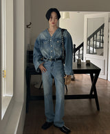 カラーレスブーツカットデニムパンツ/Collarless bootcut denim
