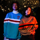 [UNISEX] Faux-shearling Striped-Trim Pullover (Blue) (6656033620086)