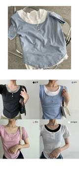 レミススパンデックスラウンドボタンスリーブTシャツ / Remiss Spandex Round Button Short-Sleeved T-Shirt
