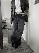 No.0372 double knee black denim wide PT