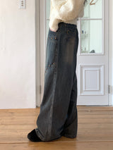 Pector Western Stud Embroidery Washed Long Wide Denim Pants