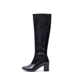 Block Heel Long Boots(Glossy Black)