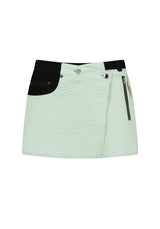 アシメトリックボタンミニスカート / ASYMMETRIC BUTTON MINI SKIRT (MIXED FABRIC)