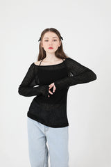 シースルーバックスリットロングスリーブニット / See-Throught Back Slit Long Sleeve Knit Black