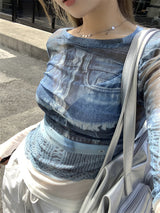 Denim see-through long sleeve top