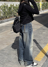 ビンテージワイドフェーディングデニムパンツ / vintage medium-blue wide fading denim pants