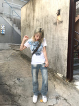 y2k ブルーホワイトローズテイルTシャツ