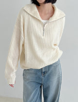 リブハーフジップアップニット/Ribbed Half Zip Up Knit (4color)