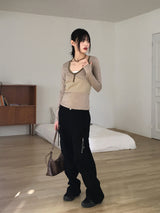 Zenki Vintage Button Ribbed Slim V-Neck T-Shirt