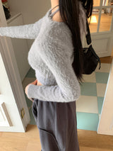 ヒズヨーホルターストラップアンゴラクロップド長袖ニット